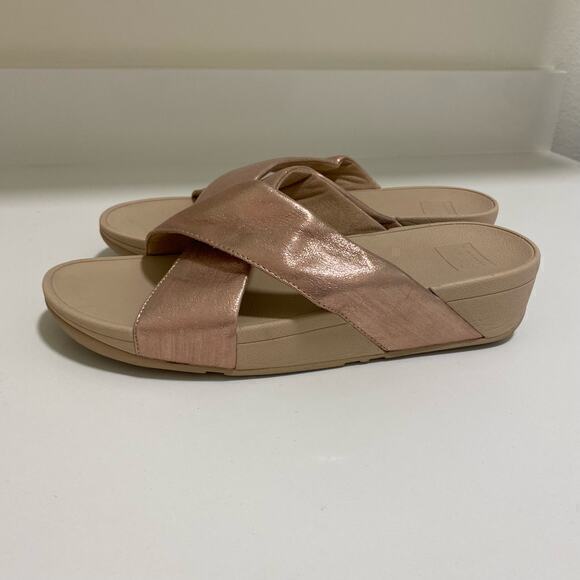 FitFlop Lulu Cross Slide Sandals Rose‎ Gold Size 10 - Picture 2 of 7